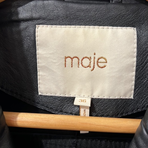 • Maje • Beliz Appliquéd Patches Leather Biker Jacket Black Asymmetrical Zip 36 - Picture 5 of 7